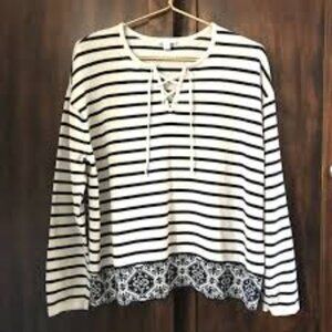 J Jill Knit Sweater Top Stripe Navy Lace Up Neckline Nautical Border Detail